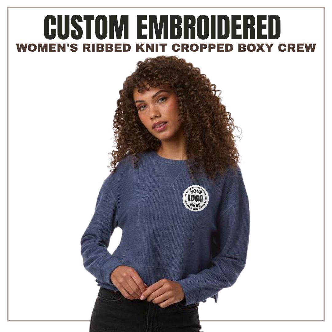 Custom Women's Ribbed Knit Cropped Crewneck Sweater | Oversized Boxy Sweatshirt | Personalized Embroidery Logo Pullover | Mothers Day Gift