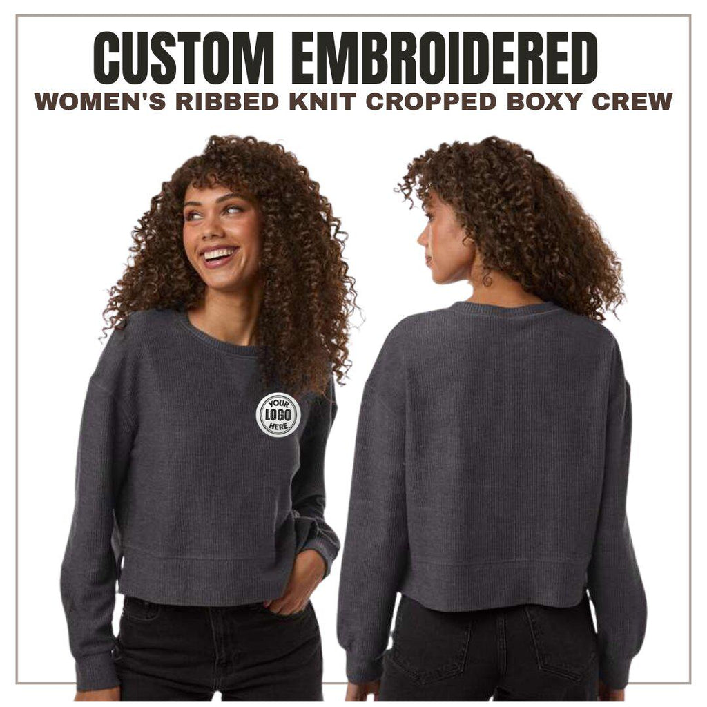 Custom Women's Ribbed Knit Cropped Crewneck Sweater | Oversized Boxy Sweatshirt | Personalized Embroidery Logo Pullover | Mothers Day Gift