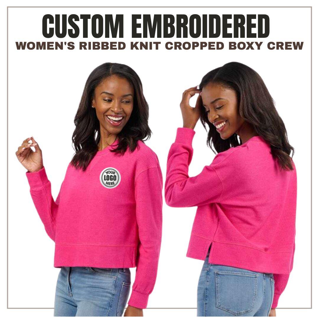 Custom Women's Ribbed Knit Cropped Crewneck Sweater | Oversized Boxy Sweatshirt | Personalized Embroidery Logo Pullover | Mothers Day Gift