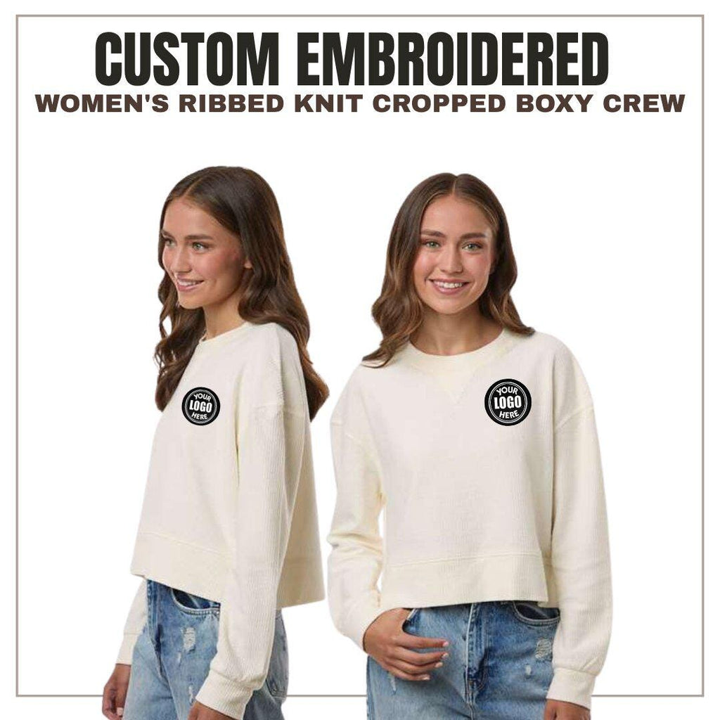 Custom Women's Ribbed Knit Cropped Crewneck Sweater | Oversized Boxy Sweatshirt | Personalized Embroidery Logo Pullover | Mothers Day Gift