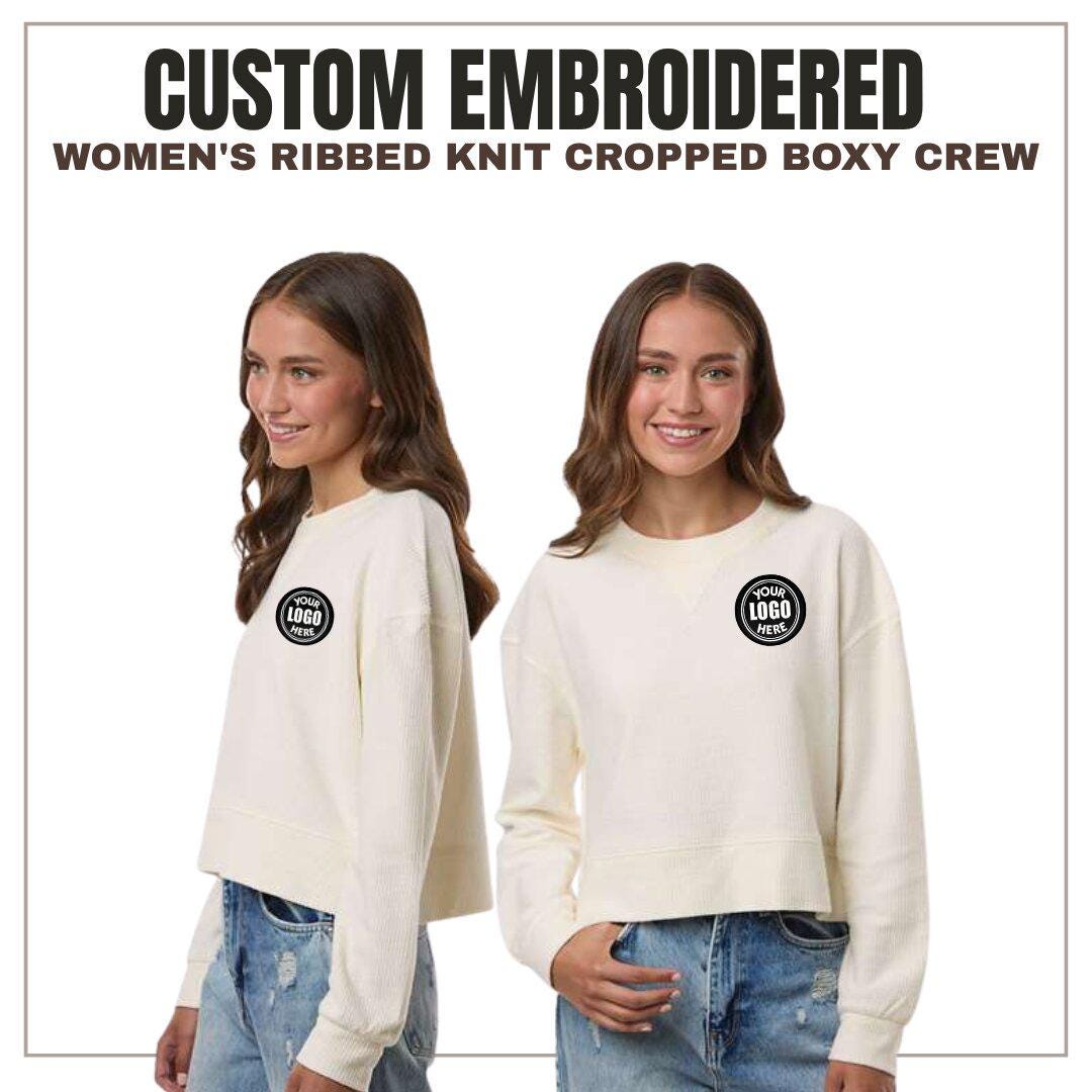 Custom Women's Ribbed Knit Cropped Crewneck Sweater | Oversized Boxy Sweatshirt | Personalized Embroidery Logo Pullover | Mothers Day Gift