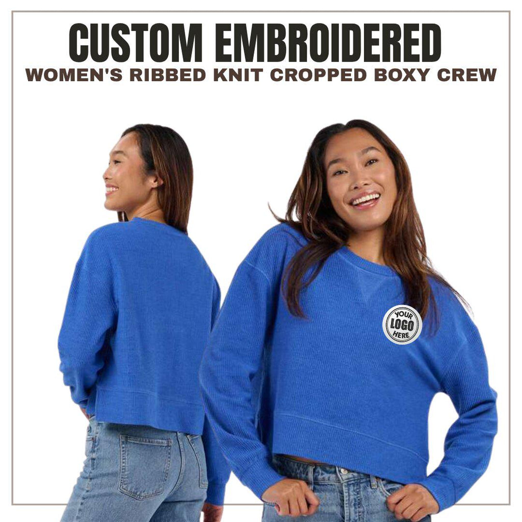 Custom Women's Ribbed Knit Cropped Crewneck Sweater | Oversized Boxy Sweatshirt | Personalized Embroidery Logo Pullover | Mothers Day Gift