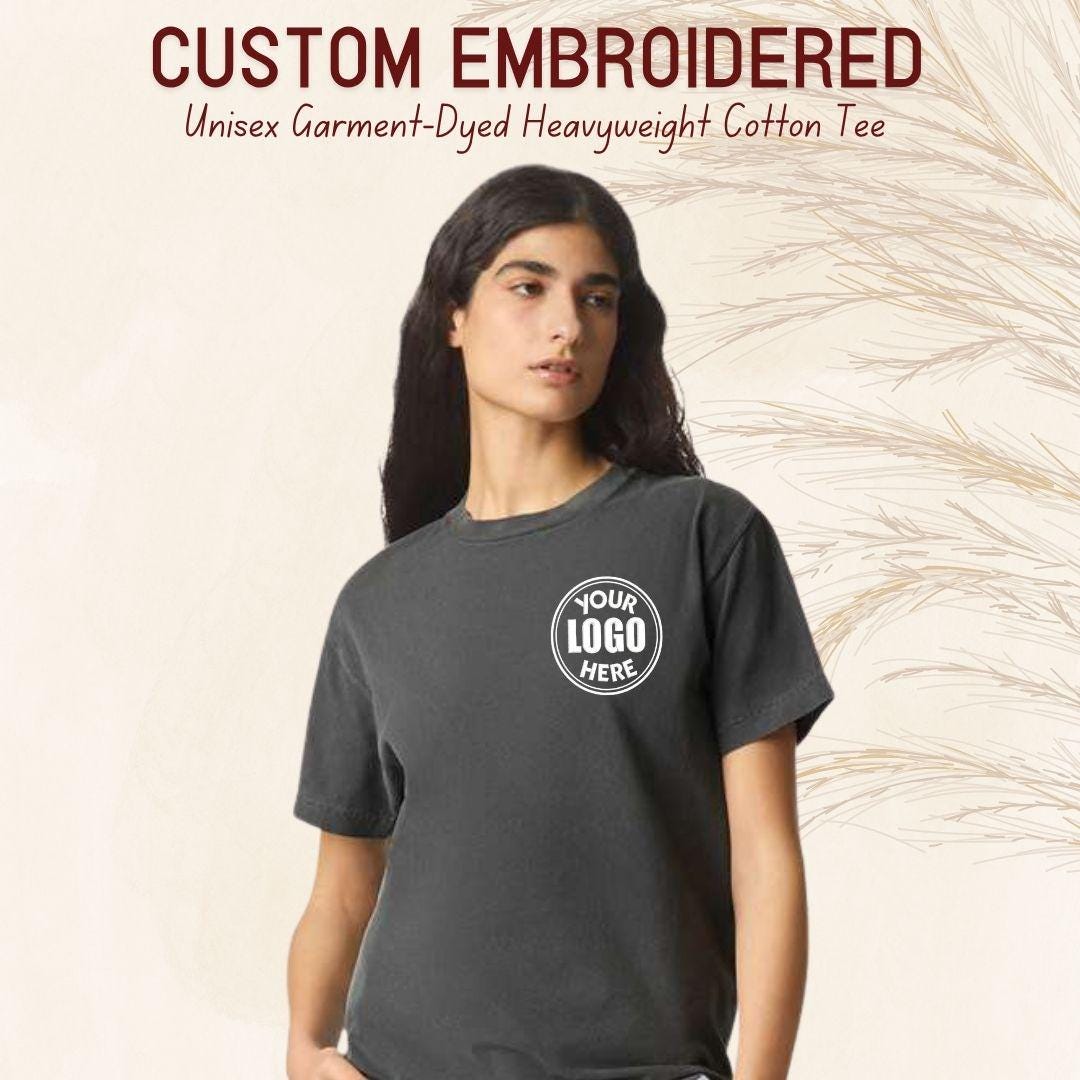 Custom Logo Embroidered Heavyweight Tee, Garment Dyed Unisex Shirt, Custom Streetwear Shirt